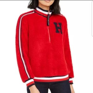 TOMMY HILFIGER Women's Stripe Trim Red Sherpa Fleece Sweater